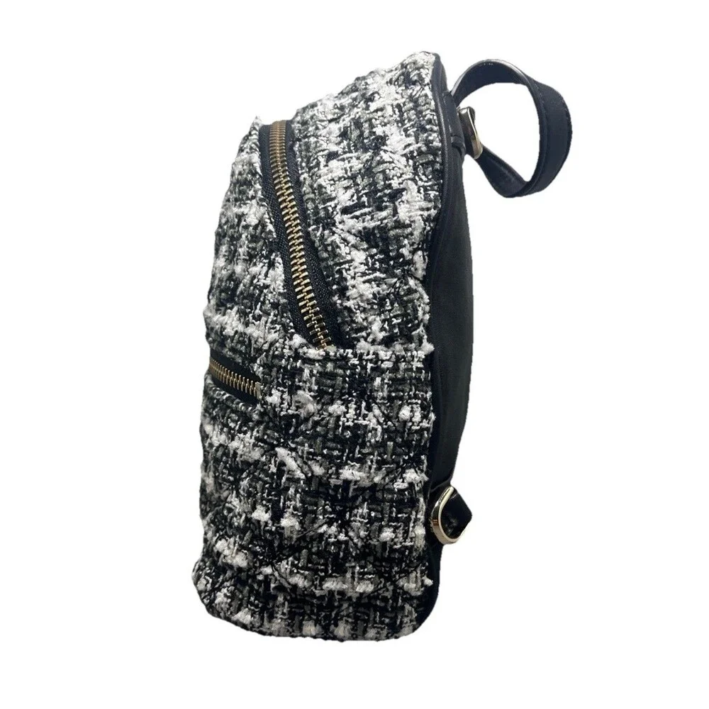 Kate Spade New York Mini Backpack Black White Tweed Gold Zip Spade Print